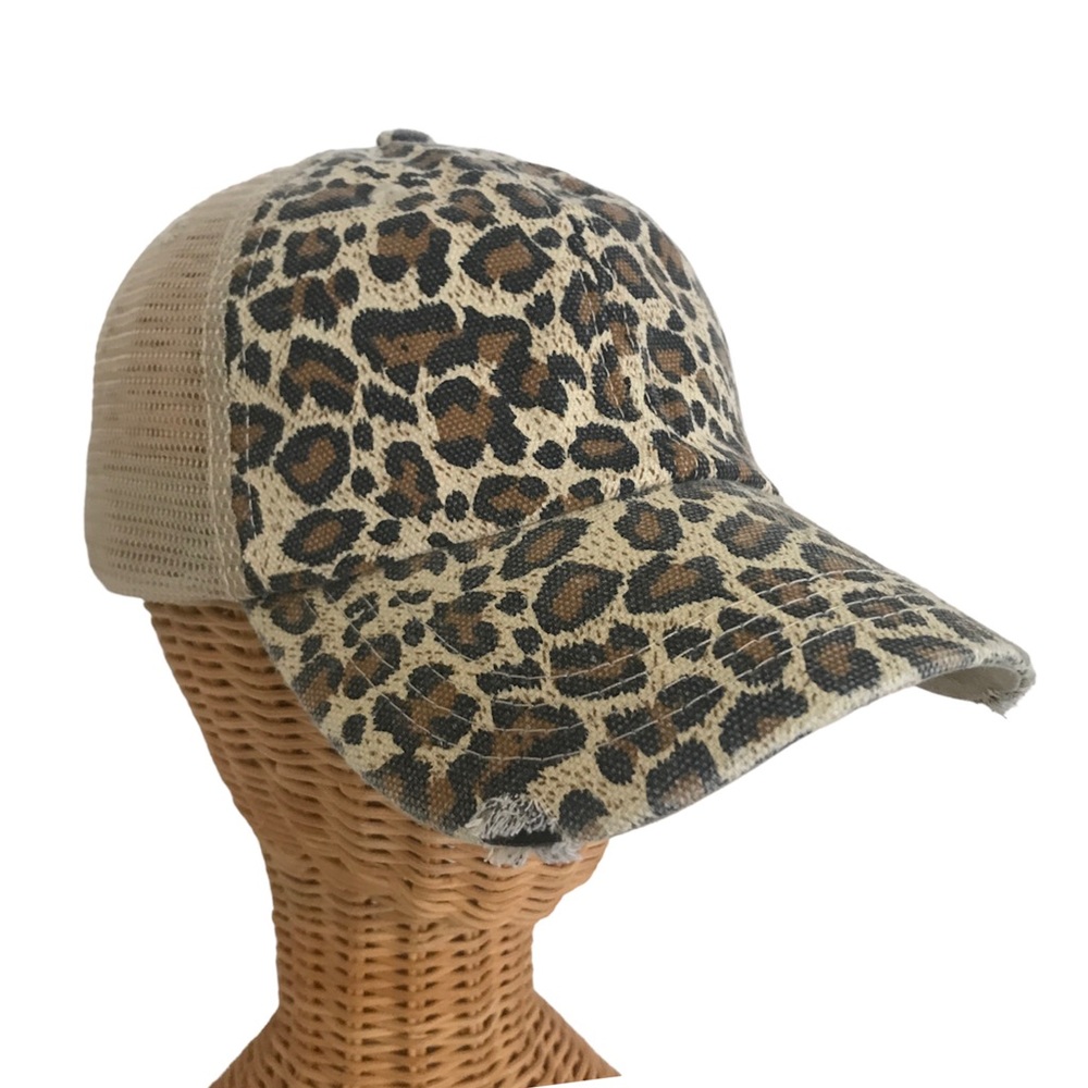 Distressed Canvas, Mesh Back Ponytail Hat Adjustable. Leopard Print New!